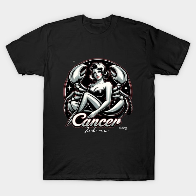 Cancer's Caress: Moonlit Maven - Pin up Vintage Retro Zodiac Sign T-Shirt by LollipopINC